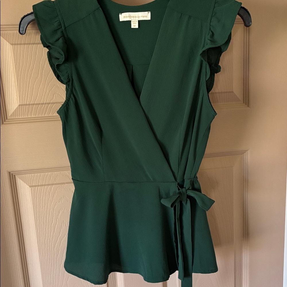 Sleeveless Dark Green Wrap Look Peplum Blouse by Something Navy